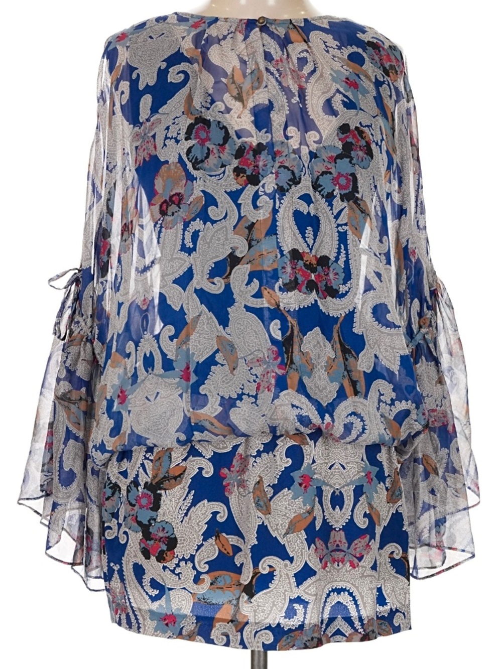 Cynthia Vincent Silk Chiffon Blue Paisley Cold Shoulder Blouson Mini Dress